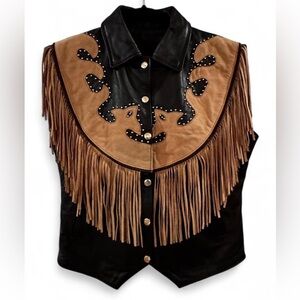 Black and tan with fringe and studs Leather Vest